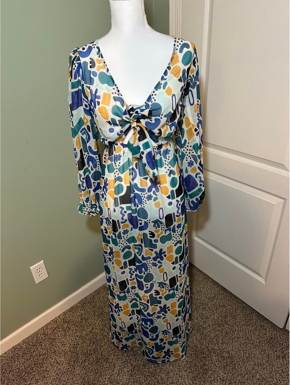 Beach Riot Abstract Geometric Maxi Dress Sheer Tie-Front Cover Up EUC Size XS/S